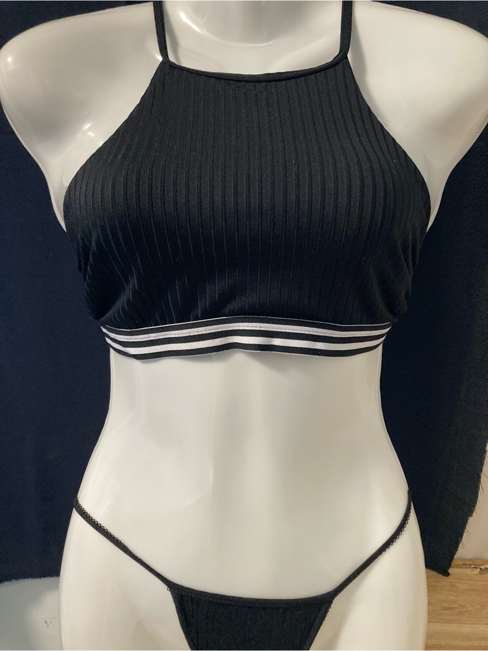 Ardene Black Ribbed Halter Bikini Top XS Sporty Striped Swim